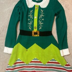 Green Elf Costume with White Collar and Candy Cane Skirt